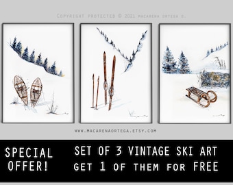 Vintage SKIING ART SET of 3 prints 1 of them for free!!  Special Offer Mountain outdoor old snowshoes, skis and sled art ski art prints -B