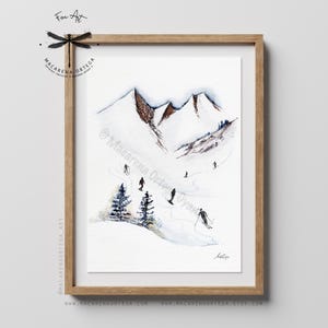 Tiny Skiers Watercolor Print | Skier People Wall Art, Ski Decor, Winter Sport Painting | Chamonix Art Print | By Macarena Ortega | N61