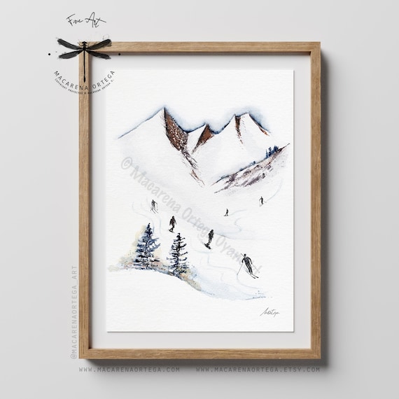 Tiny Skiers Watercolor Print | Skier People Wall Art, Ski Decor, Winter Sport Painting | Chamonix Art Print | By Macarena Ortega | N61