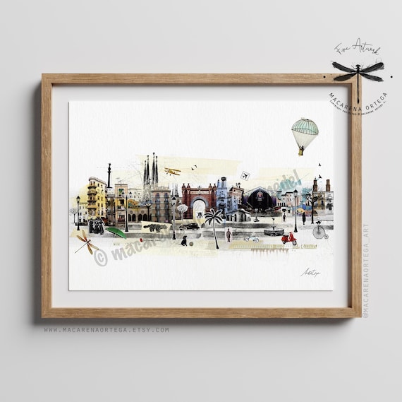 Barcelona Skyline Art Prints BCN Poster | Cityscape Collage, Modern European Art, Barcelona Travel Decor Souvenir | by Macarena Ortega | N42