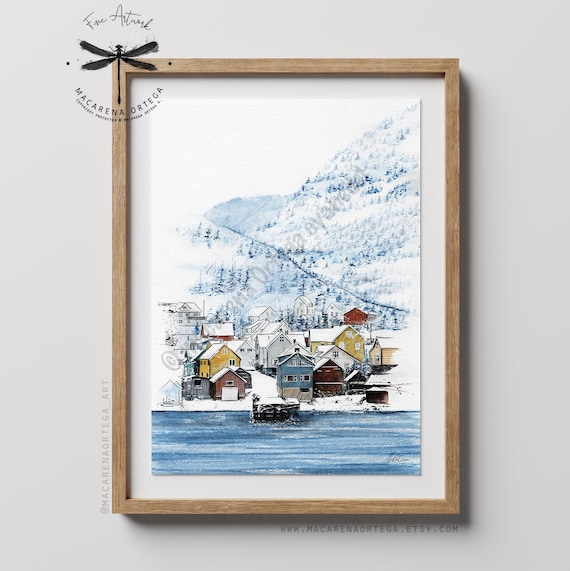Geiringer Village Watercolor Art Print | Islands Norway Sunnmøre Stranda Mountain Painting Nordland Art Landscape Print | Nordic Art | N144