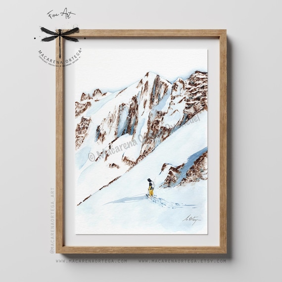 Freerider Skier at the Andes Watercolor Art Print | Backcountry skiing, Ski Touring, Winter Mountain, Alpine Wall Art, Fresh Powder | N57