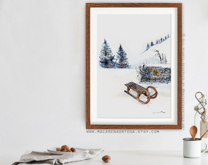 Old SLED art Sled painting wooden print Ski watercolor Sport landscape watercolor Snowy outdoor skiing print snowy Skier art print (43)