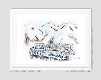 Les Deux Alps Ski Resort Mountain art print watercolor (Nº87) Les 2 Alps Ski Center Les Alps and France art skiing resort Venosc (87)