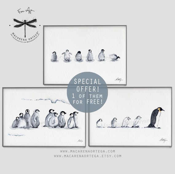 Penguin Watercolor Art Prints Set of 3 one of them FREE | Minimalist Nordic Animal Nursery Decor, Winter Wildlife Wall, by Macarena Ortega