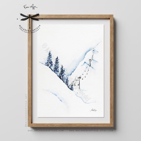 Ski Resort Watercolor Art Print | Handmade Artwork | Skilift Print | Skier & Chairlift Wall Decor | Mountain Skiing | Macarena Ortega | N97