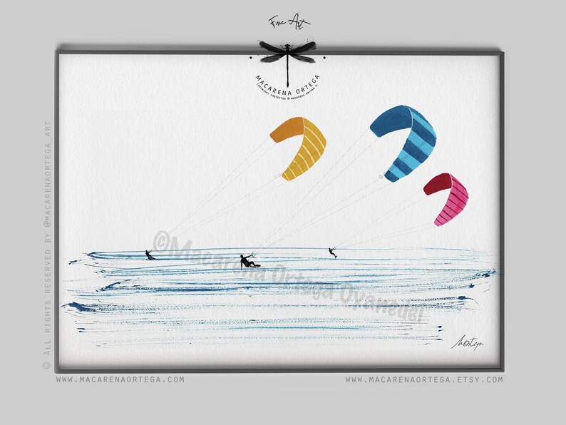 May include: Watercolor painting of kitesurfers on the water. Three colorful kites in yellow, blue, and pink are in the sky. The artwork is signed and framed, with the artist's name and website at the bottom.