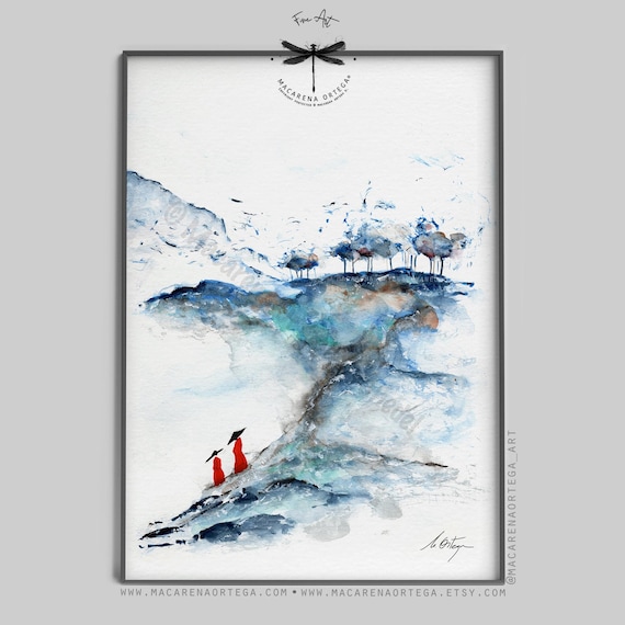 Vietnamese Figures, Asian Landscape Watercolor, Asian Inspired Decor, Minimalist Blue Art, Red Figures Painting, by Macarena Ortega | N210