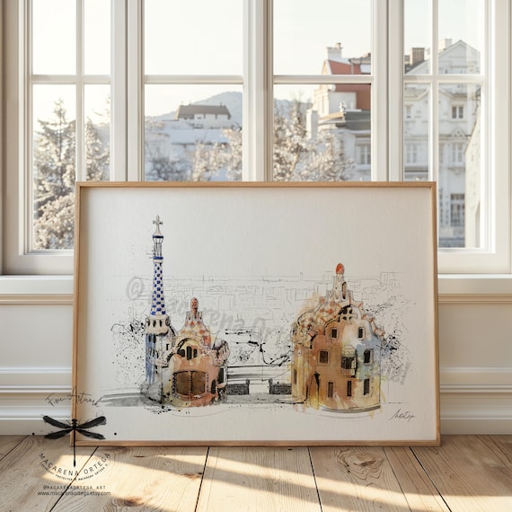 Parc Güell Entrance Watercolor Art Print | Gaudí, Barcelona, Modernist Architecture Bcn Sketching| Handmade Artwork by Macarena Orteg | N162