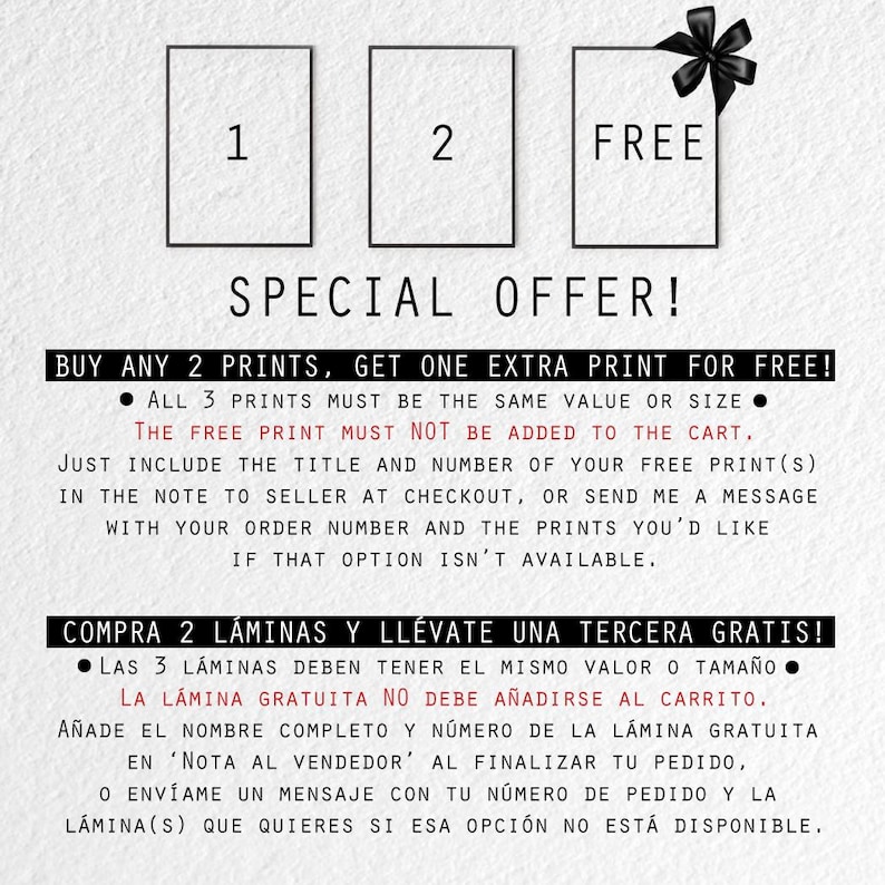 May include: A promotional image with the text "SPECIAL OFFER!" and the offer details. The offer is "BUY ANY 2 PRINTS, GET ONE EXTRA PRINT FOR FREE!" The image includes three rectangular placeholders labeled "1", "2", and "FREE", with a black bow.