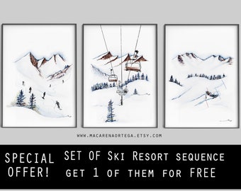 Panoramic Ski resort ART SET of 3 prints 1 of them for free!! Special Offer Chairlift skilift, skiers profesional skier watercolor art -C