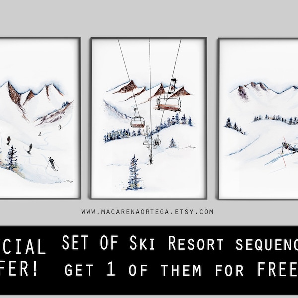 Panoramic Ski resort ART SET of 3 prints 1 of them for free!! Special Offer Chairlift skilift, skiers profesional skier watercolor art -C