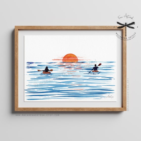 Kayaking Sunset Watercolor Art Print | Canoeing Sea Decor, Summer House, Kayak Wall Art | Sports Canoe Water Navigation Art | Coastal | N141