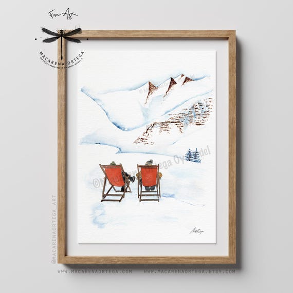 Après-ski Vintage Watercolor Print | Couple Relaxing in Snowy Landscape, Retro Ski Vibe, Apresski Vintage Ski Art | Macarena Ortega | N146