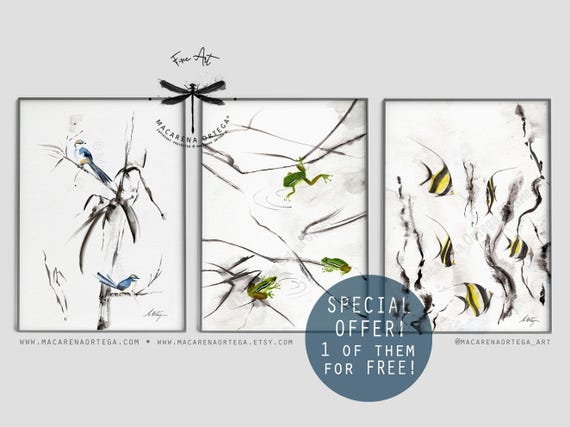 Frog, Fish and Bird Sumi e, Set of 3 Art Prints, 1 Print FREE, Asian Inspired, Art Print, Minimalist Artwork