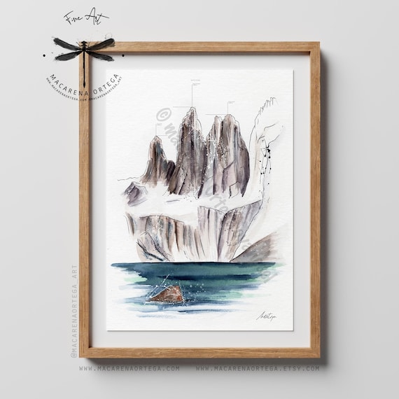 Torres del Paine Watercolor Art Print | Patagonia Mountain Painting | Adventurer Climbers Mountaineers Hikers Outdoor Decor | Handmade | N44