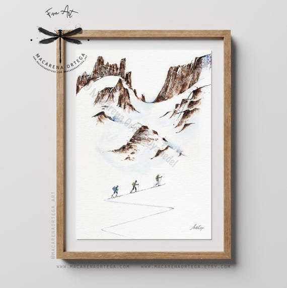 Skimo Watercolor Art Print | Mountain Skiing Wall Art, Alpine Snow Decor, Winter Landscape | Handmade Art | Artwork by Macarena Ortega | N23