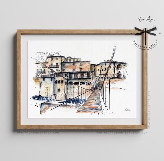 Rupit i Pruit Painting Art Prints | Osona Sketching Watercolor | Medieval town Rupit i Pruit Garrotxa Girona Catalonia Spain Print | N91
