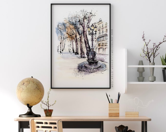 Barcelona Ramblas art print Font de Caneletes painting print Barcelona art La Rambla painting Spain art print poster Illustration art (102)