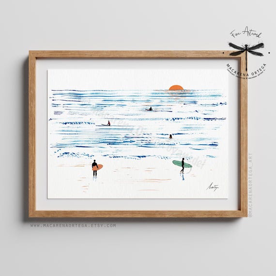 Surfers on the Beach Watercolor Art Print | Tiny People on Beach, Summer Vibes | Beach Painting | Water Sports | by Macarena Ortega | N122