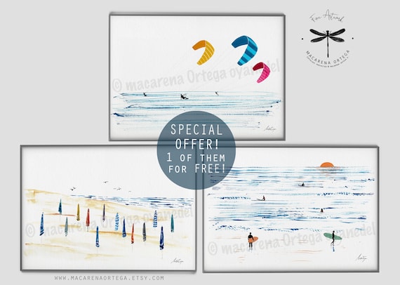 Summer Sport Collection SET of 3 prints 1 of them for free!! Special Offer Sufers wave Kitesurfers and windsurfers home decor watercolor