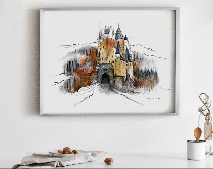 Burg Eltz Castle Art Print Watercolor Germany Castles Painting- Medieval castle art castle painting Modern watercolor Macarena Ortega (109)