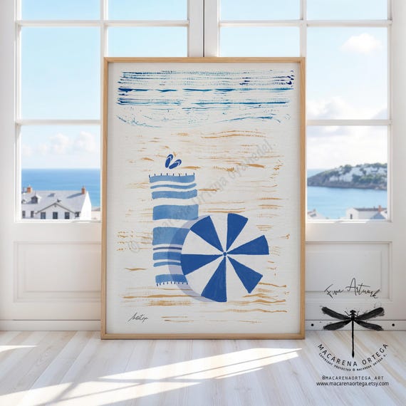N121 | Beach Umbrella and Towel Watercolor Art Print | Coastal Ocean Decor, Summer House Wall Art, Nautical Beach Print | Macarena Ortega