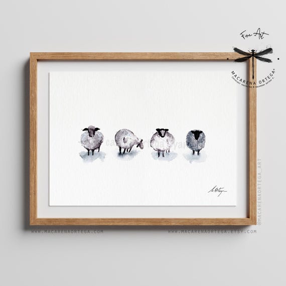 Four Woolly Friends, Sheep Watercolor Art Print | Minimalist Farm Animal Nordic Kitchen Decor, Rustic Mountain Home Style, xmas gift | N155