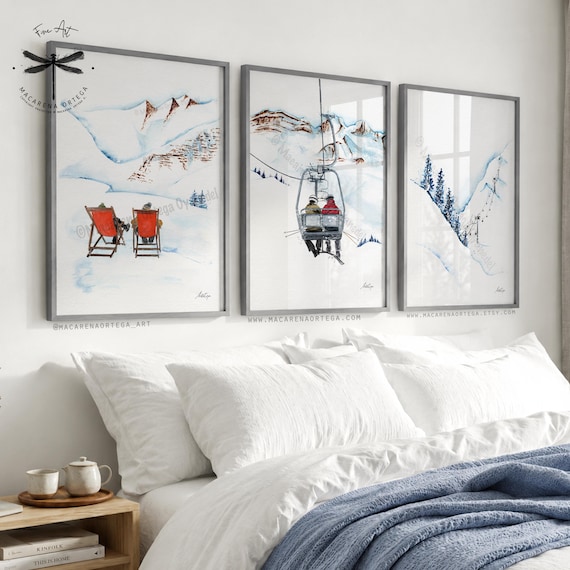 Ski Couple Collection, Set of 3 Watercolor Art Prints, Romantic Winter Wall Art, by Macarena Ortega
