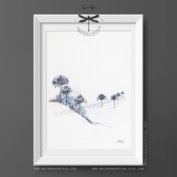 Chilean Araucaria Tree Watercolor Art Print | Andes Mountain Landscape | Chile Winter Decor | Outdoor Lover Adventurer Print | N47