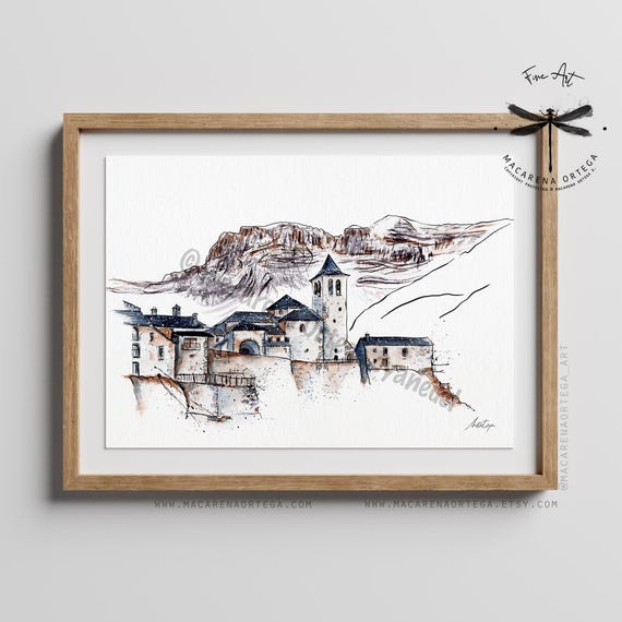 Torla - Ordesa Watercolor Art Print | Medieval Mountain Town, Spain, Pyrenees Sketch, National Park Poster | Artwork Macarena Ortega | N54