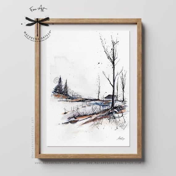 Farmhouse Watercolor Art Print | Snowy Mountain Forest Landscape | Winter Nature Artwork | Snowy Landscape Decor | Vintage Winter Art | N41