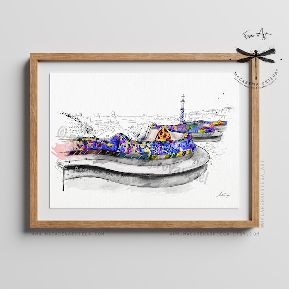Parc Güell Terrace Watercolor Art Print | Gaudí Architecture Art, Barcelona Sketch Poster BCN Prints | by Macarena Ortega Art | N160