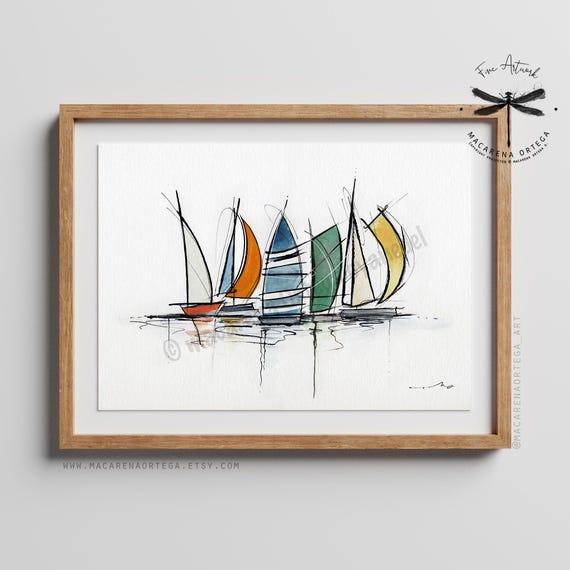 Regatta Sailboat Watercolor Art Print | Nautical Coastal Painting | Sailing Boat Artwork | Beach Cottage decor | by Macarena Ortega | N126