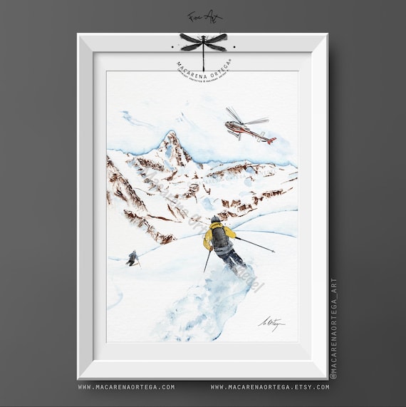 Heliskiing in Cervinia Watercolor Art Print | Backcountry Skiing, Alpine Adventure, Fresh Powder, Winter Mountains Wall Art | N192