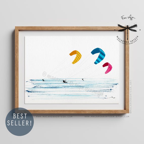 Kitesurf Watercolor Art Print | kitesurfing Artwork, Kite Surfing, Wall Art, Water Sports Art, Summer vibes | Macarena Ortega | N120