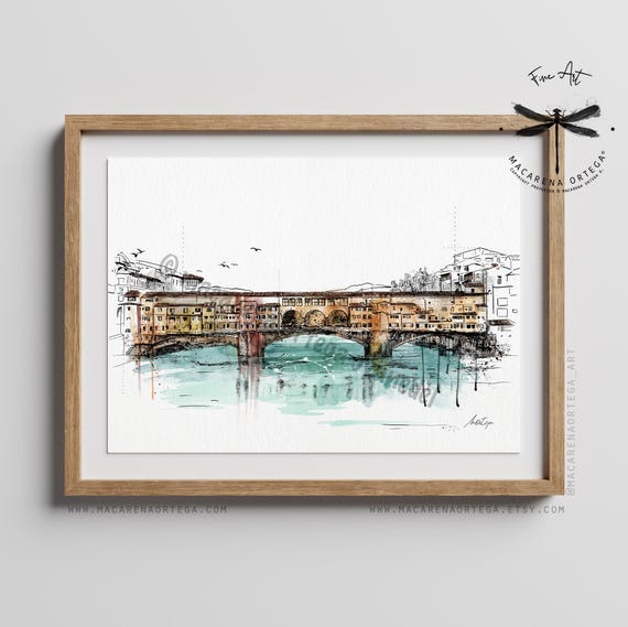 Ponte Vecchio Florence Watercolor Art Print | Firenze Skyline, Italy Bridge Sketch | European Travel, Architectural Wall Art | N4