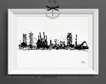 Skyline van Barcelona, zwart-wit, giclée print, Spaanse stadsmuurdecoratie, van Macarena Ortega | N64