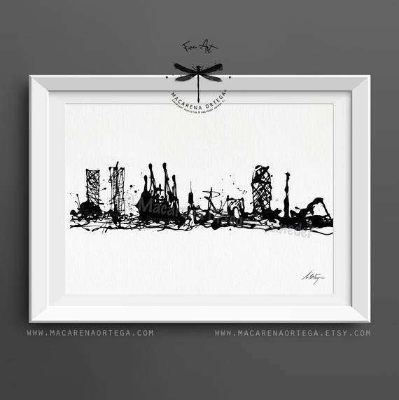 Barcelona Skyline Art Print | Painting BCN Black and White Fine Art Spain Handmade Poster Illustration Print City Modern Wall Decor | N64