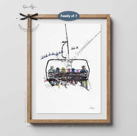Family of 7 on Chairlift – Watercolor Ski Lift Art Print | Skiers and Snowboarders Artwork | Winter Sports Ski Resort Painting, Xmas Gift