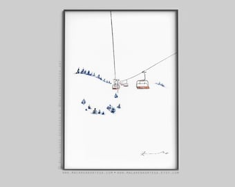 Ski Lift art print watercolor skis print ChairLift watercolor Sport landscape skilift Snowy painting skiing print snowy Skier art print (16)