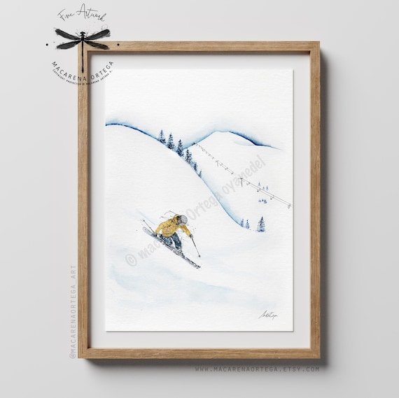 Telemark Skier POW Watercolor Art Print | Powder Freerider Skiing Poster | Ski Lovers Snowy Painting | Alps Ski Artwork | Ski prints | N53