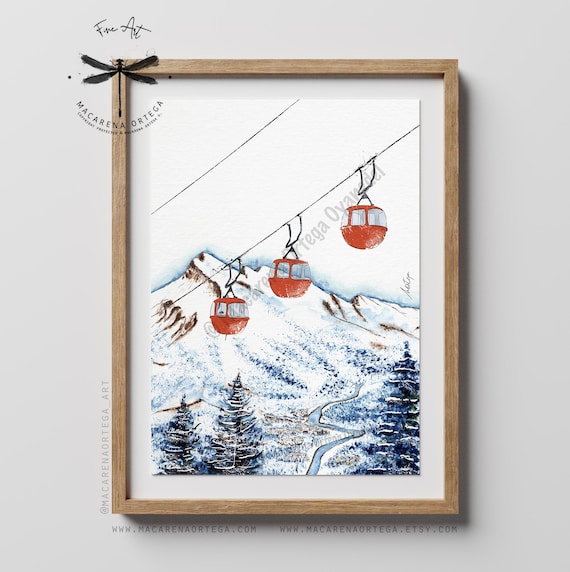 Red Góndola Lift Print, Vintage Old Cabin Watercolor Art | Nostalgic Retro Ski Norquay Canada | Ski Lift, Cabin Art | Macarena Ortega | N149
