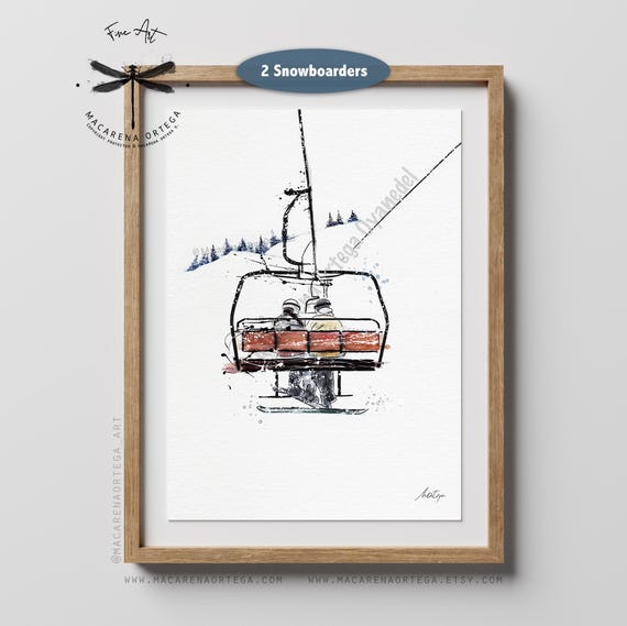 Ski Lift Couple Watercolor Art Print | Two Snowboarders, Snowboarding & Skiing Decor, Wedding or Anniversary Gift | San Valentine day Gift