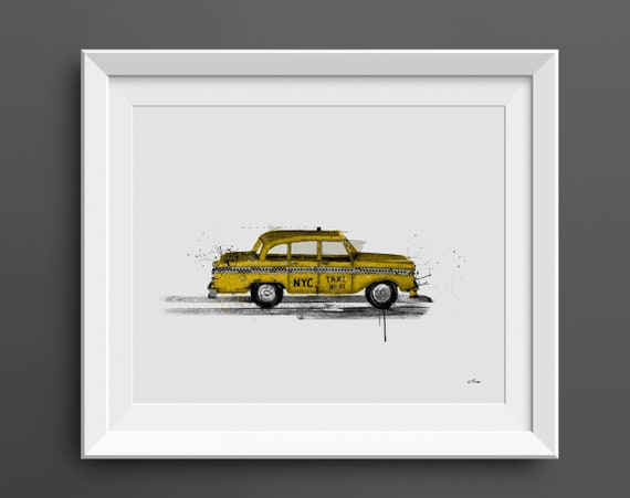 N82 | New York Yellow Taxi Cab Art Print | NYC Urban Collage Poster, City Car Illustration, Manhattan Street Scene, Modern Wall Decor Gift