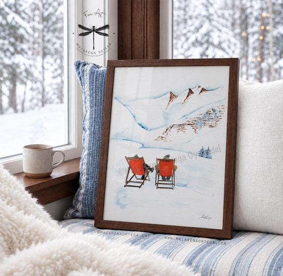 Vintage Après-Ski Lounge Chairs Watercolor, Art Print, Winter Mountain Landscape, by Macarena Ortega | N146