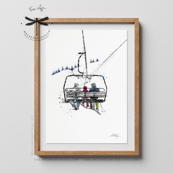 Mom, Dad and Child in chairlift, Family of 3  Watercolor Art Print | Ski Lift Artwork | Skiers and Snowboarders Wall Art | Ski Resort Decor