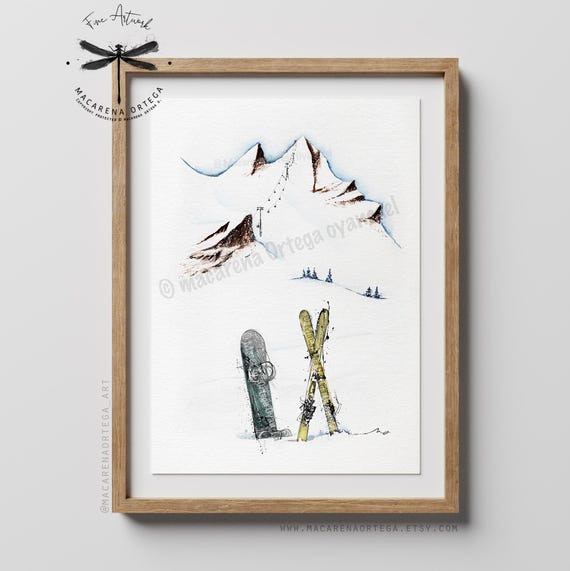 Snowboard and Skis Watercolor Art Print | Skiing Snowboarder and Skier Painting | Ski Lovers Wall Art | Winter Sport Art Decor | Alps | N8