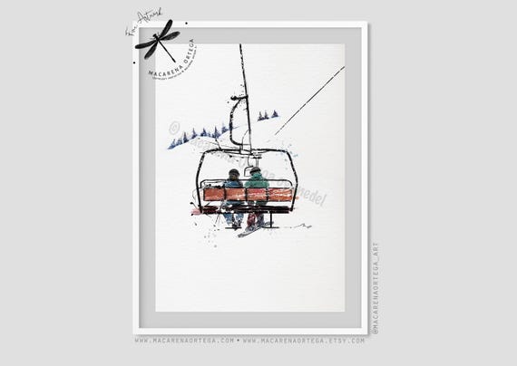 Handmade Skier & Snowboarder in Chairlift Watercolor Art Print | Ski Resort Skiing Illustration | Winter Sports Artwork | Après-Ski Dec