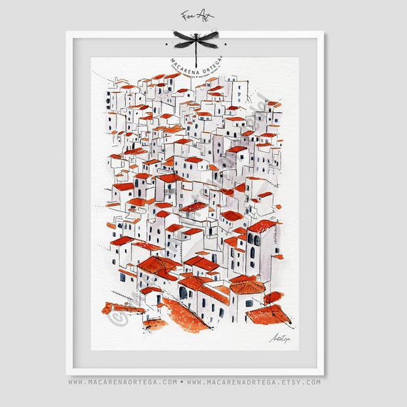 Casares Watercolor White Town in Spain Watercolor Art Print | Málaga, Andalusia | Modern Spanish Landscape | Handmade Macarena Ortega | N12